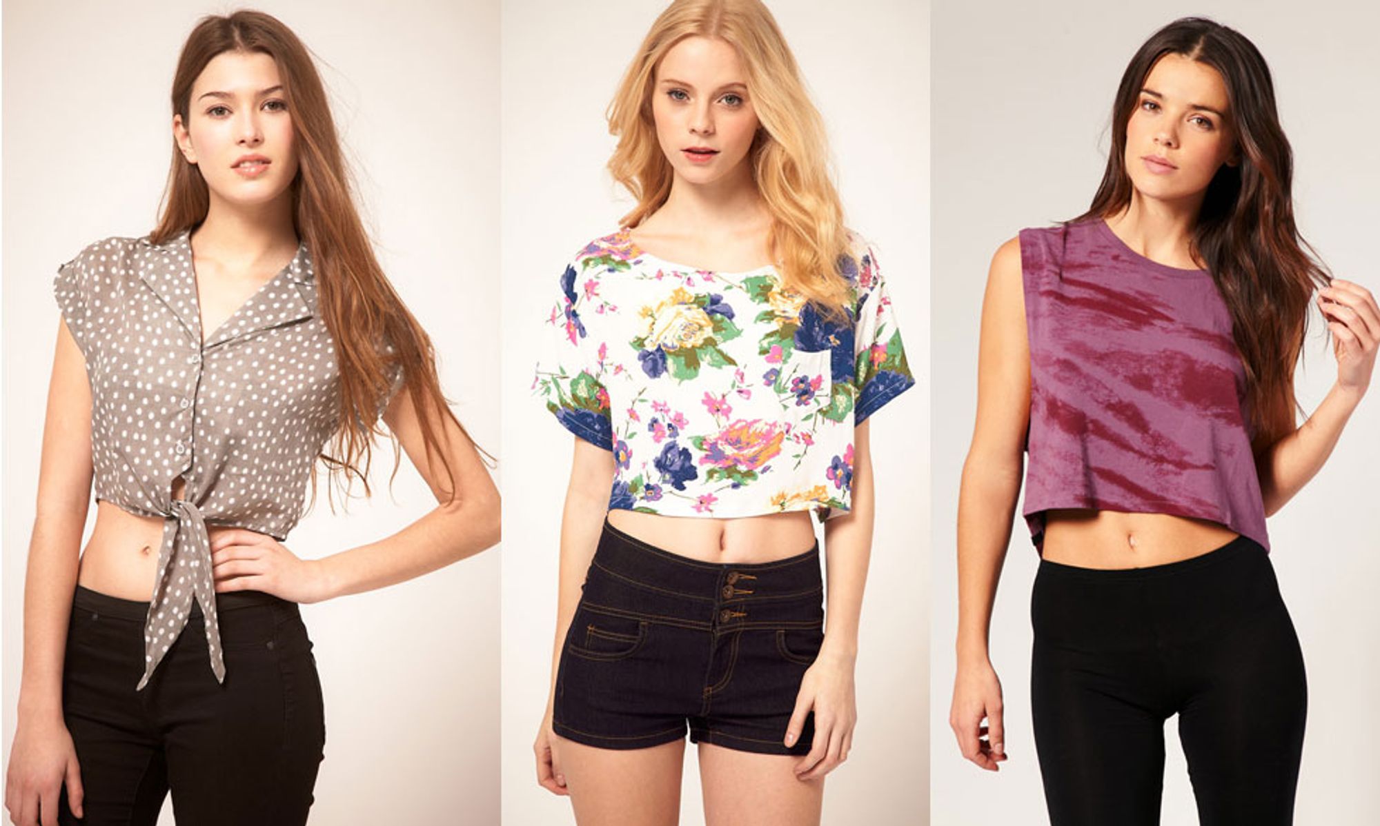 FEMININT: Skjortetopp (ca. 250 kr), blomstrete, kort topp (ca. 250 kr), topp med batikkmønster (ca. 300 kr). Alle fra Asos.com.