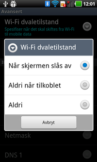 I dette eksempelet fra en LG Optimus Black-telefon vil telefonen slutte å bruke det trådløse nettet til dataoverføring så snart skjermen slukkes.