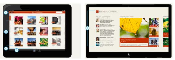 Slik ser Microsoft for seg at en foto-app vil kunne se ut på iPad (til venstre) og et Windows 8-nettbrett.