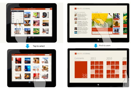 I Metro-appene (til høyre) brukes fingerbevegelser for å navigere, i stedet for å gå via menyelementer, som på iPad. Ved å klype to fingre sammen over et bilde vises en oversikt over måneder og år, slik at du raskt kan hoppe direkte til alle bildene som er tatt en bestemt måned.