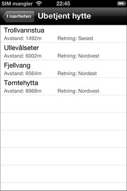 Du kan få opp hytter, serveringssteder og overnattingssteder i nærheten av der du er, eller i nærheten av et punkt du trykker på på kartet.