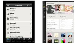 Grafikken på den nye versjonen er tilpasset den høye oppløsningen på Apples nye nettbrett. Skjermbildet til venstre er fra den gamle versjonen av Spotify på iPad.