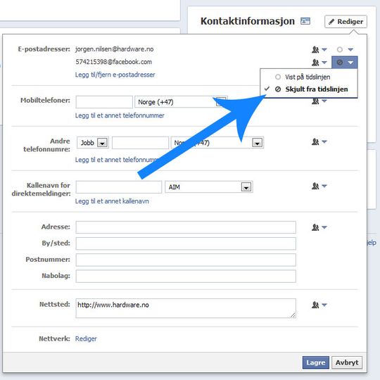 Her endrer du hvilken e-post-adresse som er synlig.