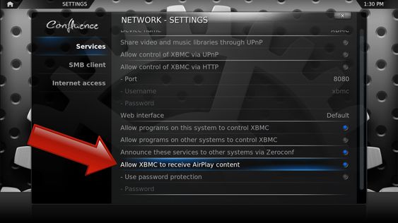 Aktiver Airplay i XBMC-menyene.