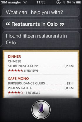 Siri kan finne restauranter i Norge.