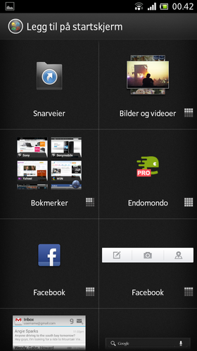 Du kan tilpasse startskjermen med snarveier, widgets, bokmerker eller mapper.