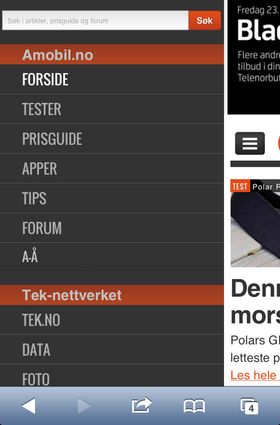 Trykk menyknappen øverst til venstre for å navigere til andre seksjoner på Amobil.no eller i Tek-nettverket.