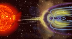 BESKYTTENDE MAGNETFELT: Energi fra solstormer som «blåses» mot jorden blir hindret av jordens magnetfelter, slik denne grafikken illustrerer.