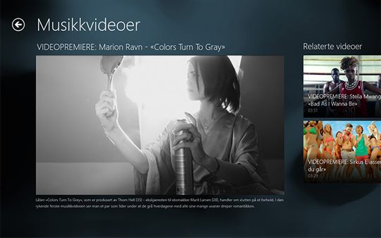 VGTV app for Windows 8. Berøring av bildet starter og stopper avspilling av filmen og viser minimale avspillingskontroller.