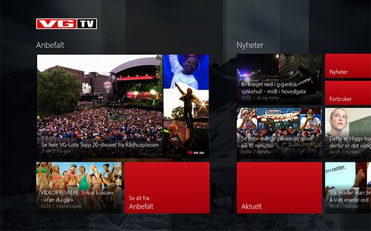 VGTVs nye app for Windows 8. Navigasjon skjer ved å ta/klikke på innholdet. Horisontal scrolling viser flere kategorier.