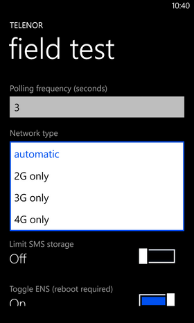 Inne i menyen bytter du fra 3G til Automatic. Du må også aktivere "Toggle ENS"-valget, før du skrur av telefonen og starter den på nytt.