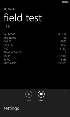 Velg settings for å komme inn i valgmenyen for LTE.
