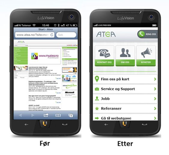 Ateas sider på mobil, før og etter tilpasning.
