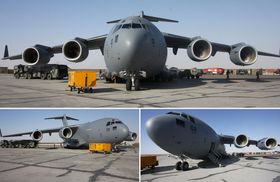 SVÆRING: Her er et av NATOs C-17, fotografert i Mazar-e Sharif i Afghanistan. Fire fanjetmotorer med en skyvekraft på over 18.000 kg hver sørger for en fart på 833 km/t og global rekkevidde.