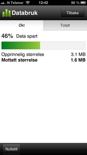 Opera Mini på iPhone gir klar beskjed om at den sparer deg for mye datatrafikk.