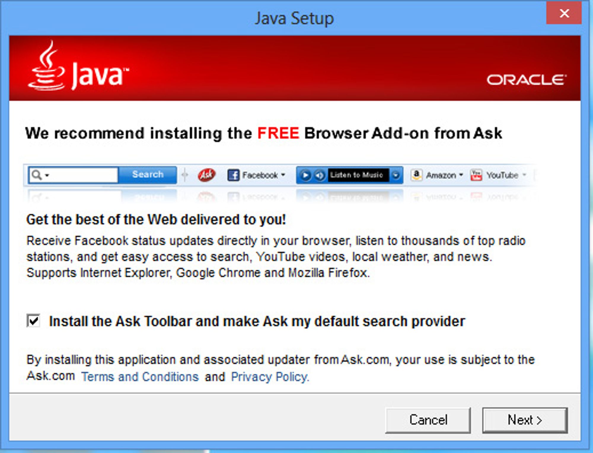 Boksen for å installere Ask er alltid huket av som standard.