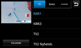 Når du har valgt en TV-kanal dukker den opp i et lite vindu i øverste venstre hjørne. Et trykk på vinduet gir fullskjermsvisning. .