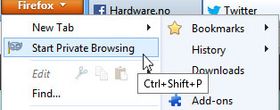 I Firefox klikker du her for å starte privat surfing.