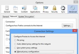 I Firefox skal du til dette vinduet for å sette opp proxy.