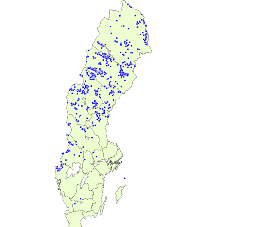 Kartet viser hvor det er hull i den svenske bredbåndsdekningen.
