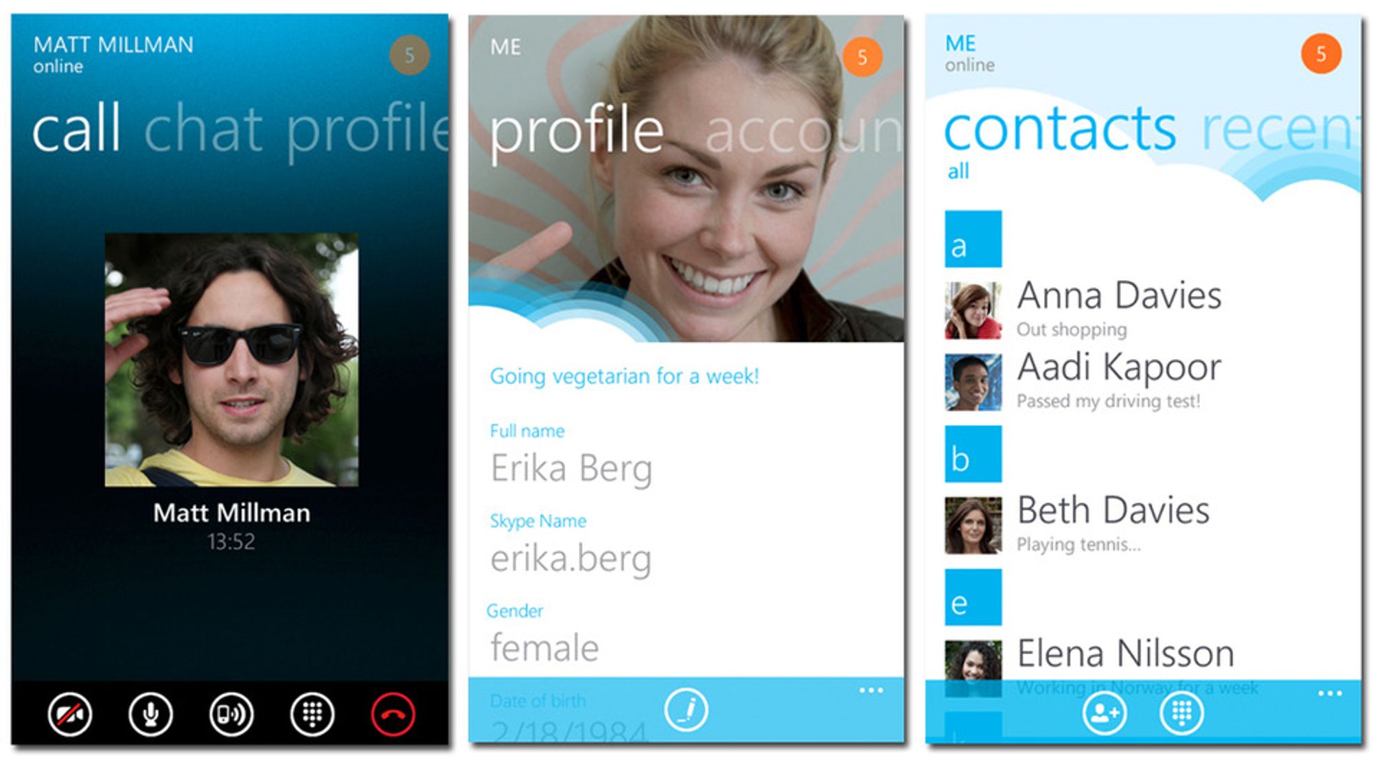 Slik ser brukergrensesnittet ut for Skype i Windows 8. 