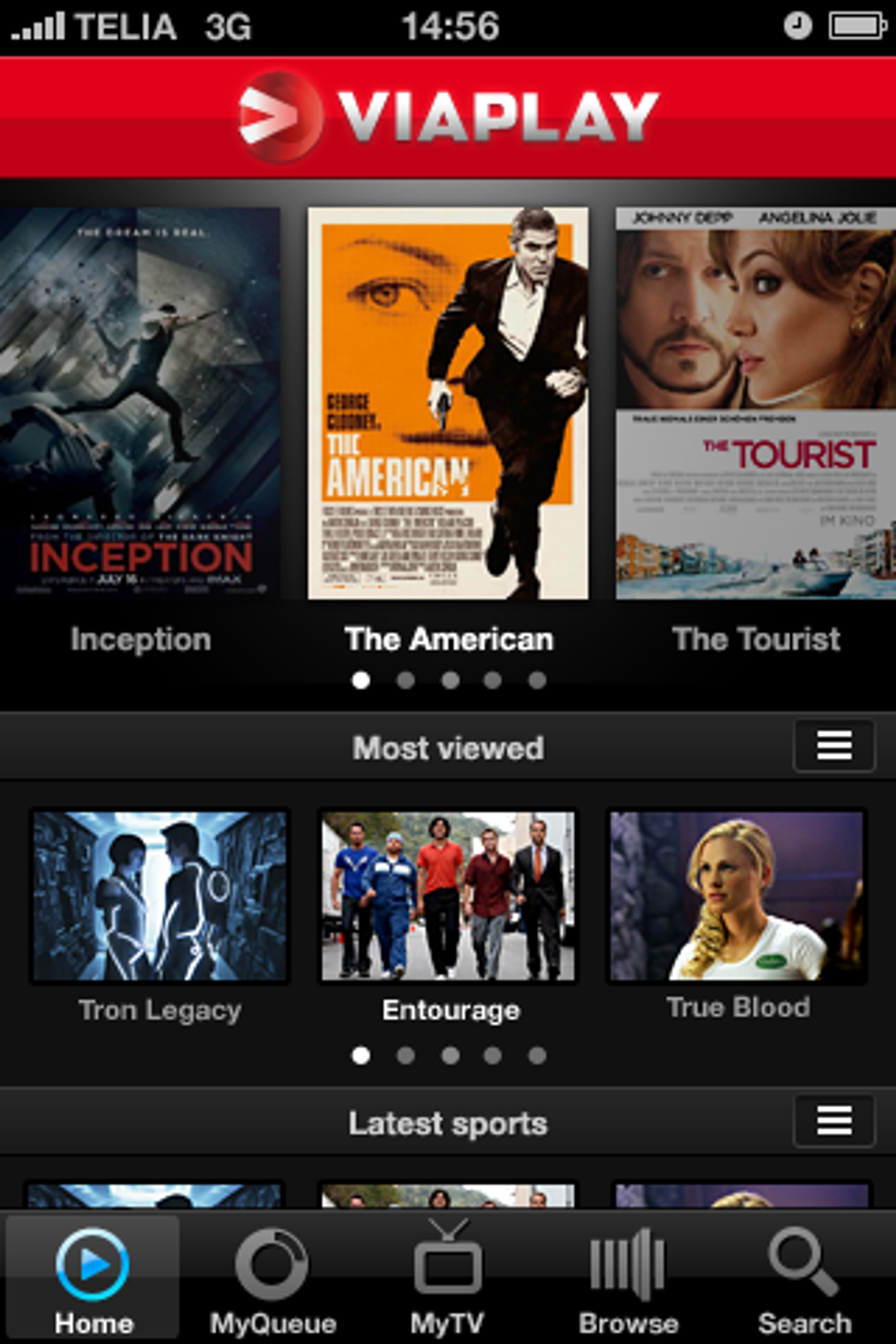 Slik ser grensesnittet til Viaplay ut på Iphone. Viaplay-applikasjonen finnes også for Android.