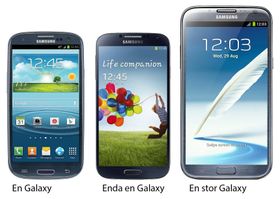 Tre Galaxy-varianter fra Samsung. De er svært like hverandre, om enn ikke fullt så like som Apples telefoner.
