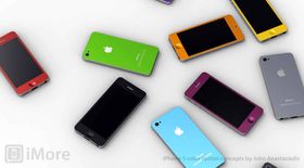 Konseptskisser fra designeren John Anastasiadis som viser hvordan en fargerik iPhone-billigmodell kan komme til å se ut.