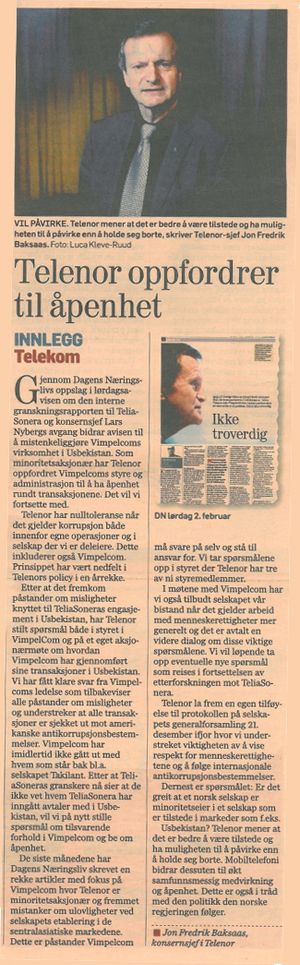 Dette leserinnlegget i Dagens næringsliv, signert konsernsjef Jon Fredrik Baksaas i Telenor, mener Telenor du ikke har forutsetninger for å forstå (faksimile).