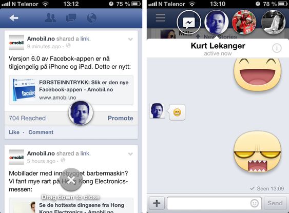 Slik ser Chat Heads og Stickers ut i den nye Facebook-appen på iPhone.