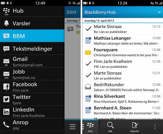 BlackBerry Hub samler alle kontoene dine på ett sted. Skjermbildet til venstre får du opp ved å sveipe med fingeren opp og så til høyre på skjermen. Velger du "Hub" får du opp en samleinnboks med SMS-er, e-post, kalendervarslinger og andre varslinger. .