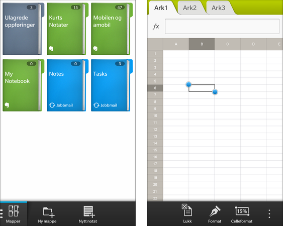 Remember-appen (til venstre) samler notater og oppgaver fra Exchange og Evernote. Med Docs to Go kan du åpne, redigere og opprette dokumenter i Microsofts Office-formater. Redigering av regneark fungerer rimelig smertefritt, så lenge det ikke er snakk om omfattende redigeringer.