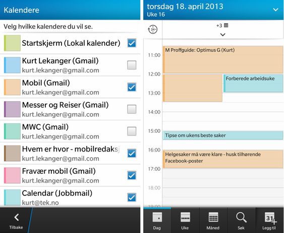 Kalenderfunksjonen på BlackBerry Z10 er ryddig, og du kan enkelt velge hvilke kalendere du vil vise.