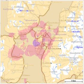 Slik ser NetComs dekningskart for Tromsø ut. De gule områdene er GPRS/EDGE.