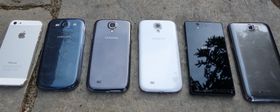 From left: iPhone 5, Galaxy S3, Galaxy S4 in Black Mist Edition, Galaxy S4 in White Frost edition, Xperia Z and Galaxy Note II.