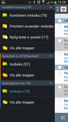 E-postleseren fungerer godt og er relativt funksjonsrik. Hvis du har mange kontoer kan Galaxy S4 by på en samlet innboks med fargekodede meldinger. .