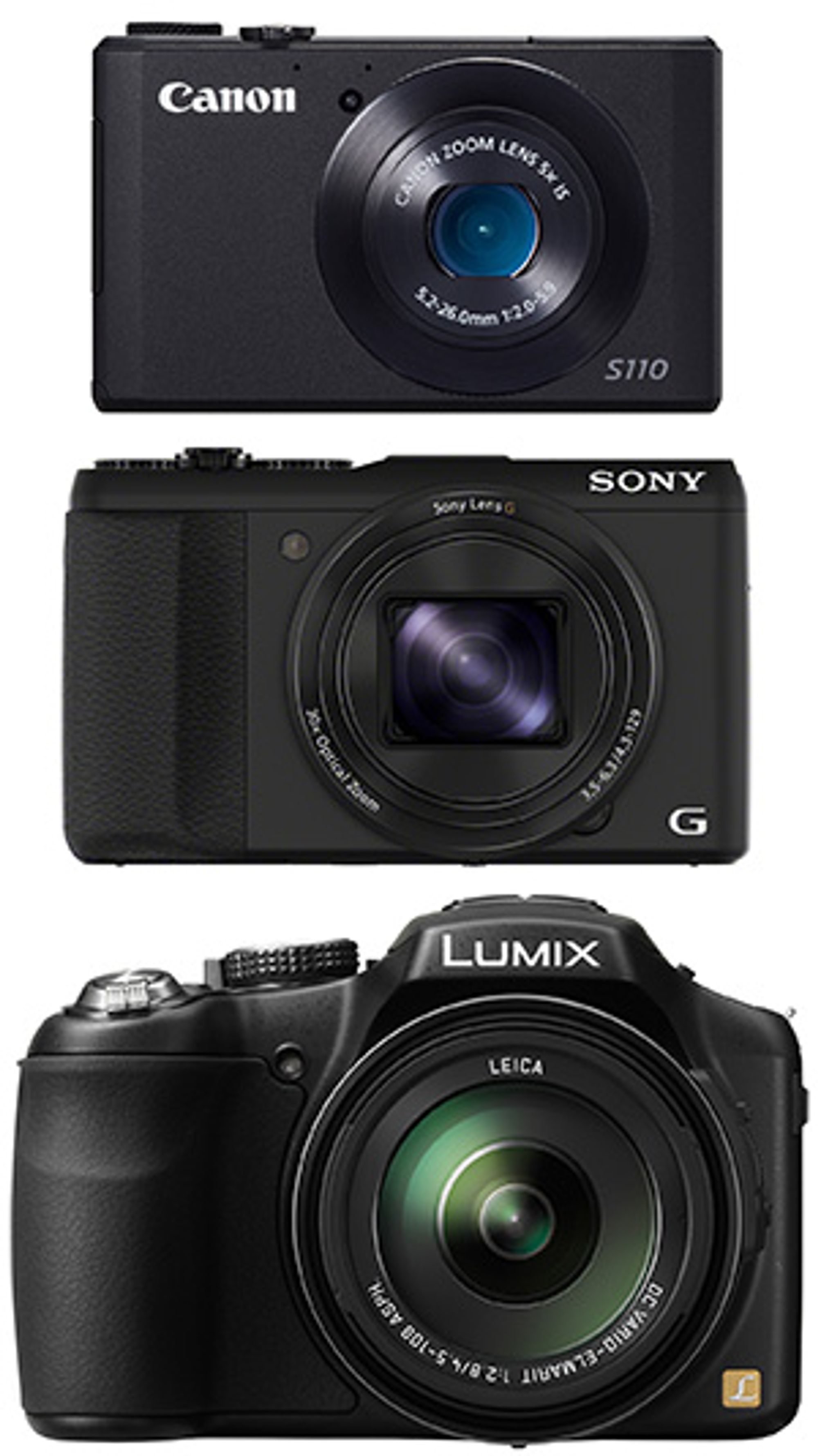 Her vises HX50V (i midten) sammen med Canon Powershot S110 med 5x zoom og Panasonic Lumix DMC-FZ200 med 24x zoom for å illustrere størrelsen.