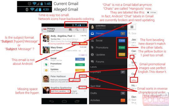 Nettsiden Android Police påpeker tilsynelatende feil og motsigelser i Googles påståtte nye grensesnitt for Gmail. Klikk på bildet for stor versjon.