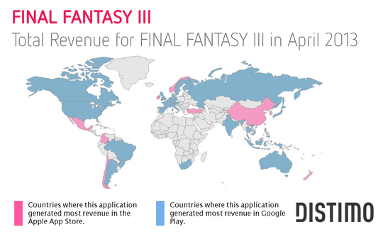 Illustrasjonen viser innteksfordelingen i de ulike landene for spillet Final Fantasy III. De landene der Android-plattformen genererer størst inntekter, er vist i blått.