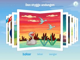 Slik er menyen i Propells iPad-app. Her finner du barnebøker, leker og sanger.