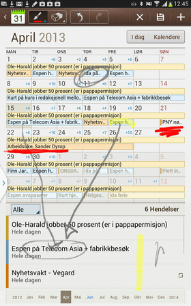 Du kan rable i kalenderen med skjermpennen.