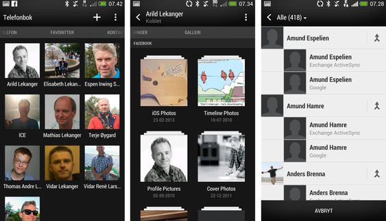 Kontaktregisteret på HTC One kombinerer informasjon fra flere ulike kontoer, og kan blant annet vise deg bilder fra kontaktpersonens Facebook-album.
