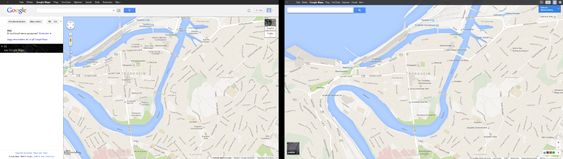 A comparison between the old (left) and the new Google Maps.