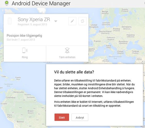 Slik ser web-grensesnittet i Android Device Manager ut.