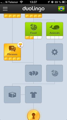 Duolingo tar deg videre i kurset, steg for steg.