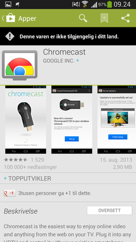Det første oppsettet må gjøres fra PC, siden Chromecast-appen ikke er tilgjengelig i norske Google Play.