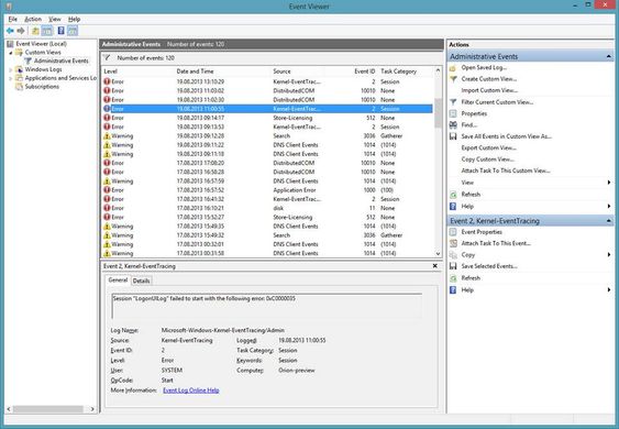 Slik så Event Viewer ut på PC-en vår, som er helt fri for virus. .