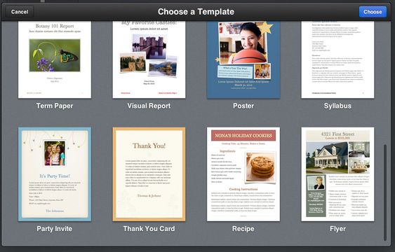 I Pages for iCloud kan du velge mellom en rekke ferdige maler.