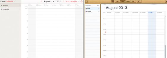 Ny og gammel iCloud-kalender ved siden av hverandre.