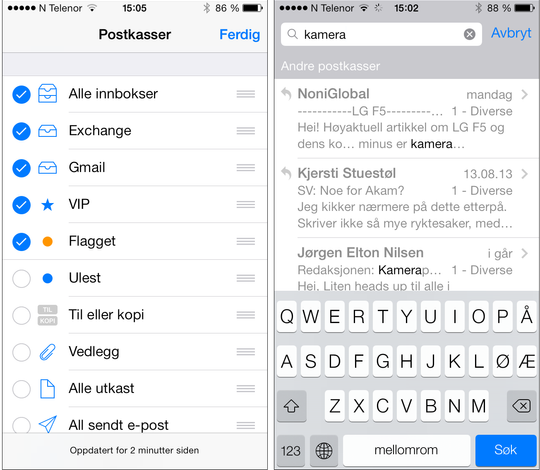 Tilpass selv hvordan innboks-oversikten skal se ut på telefonen din. Søkefunksjonen (til høyre) er blitt mye bedre sammenlignet med i tidligere versjoner av iOS.